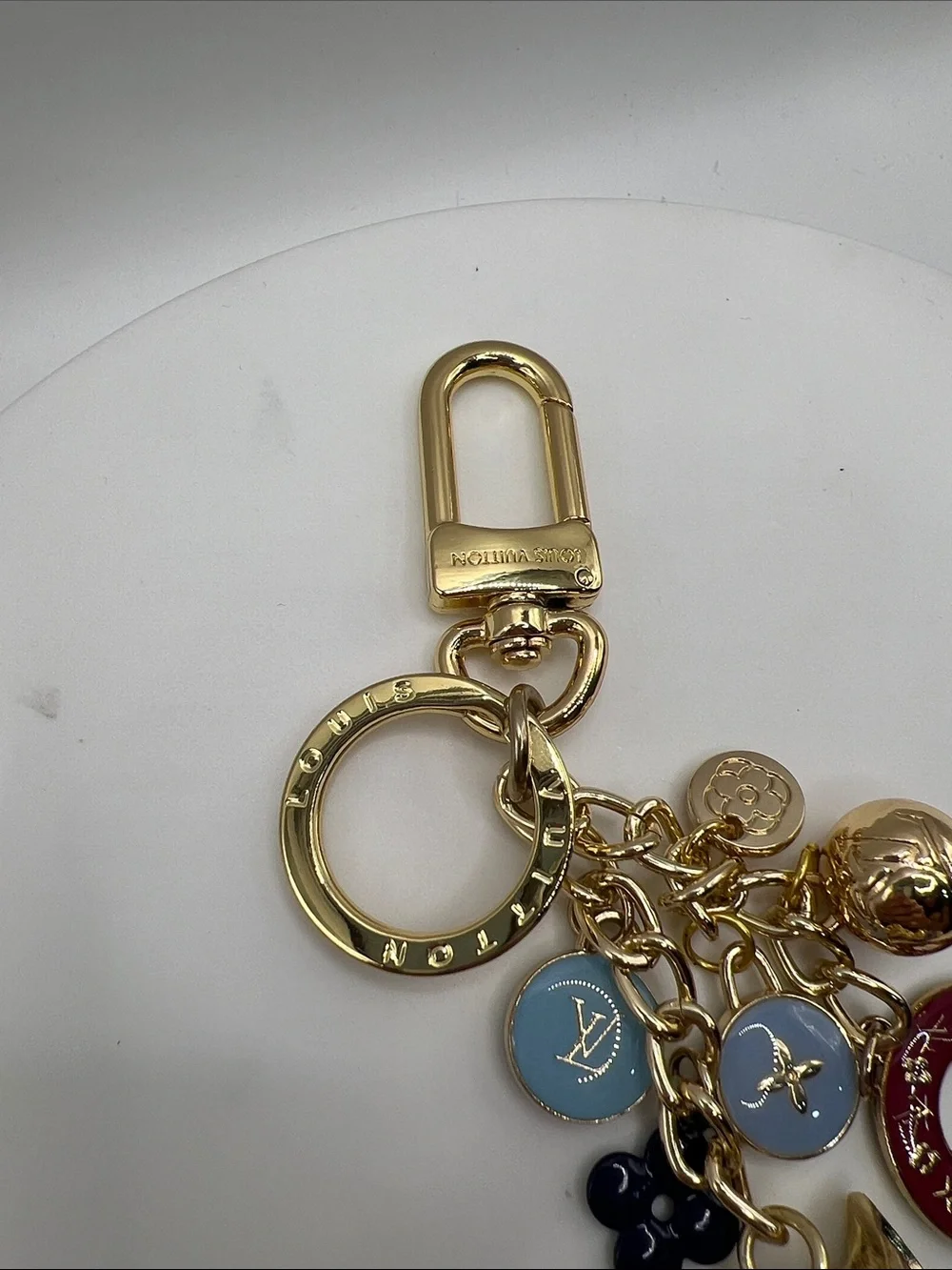 1475. Gold-Tone Charm Keyring  or Bag Charm with Multicolor Enamel Accents
